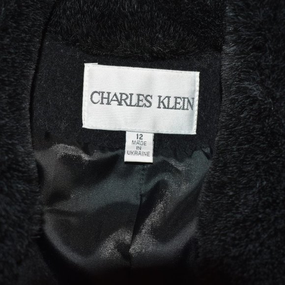 Charles Klein Dark Grey Wool with Black Faux Fur Belted Pea Coat * Size 12 - Picture 3 of 9